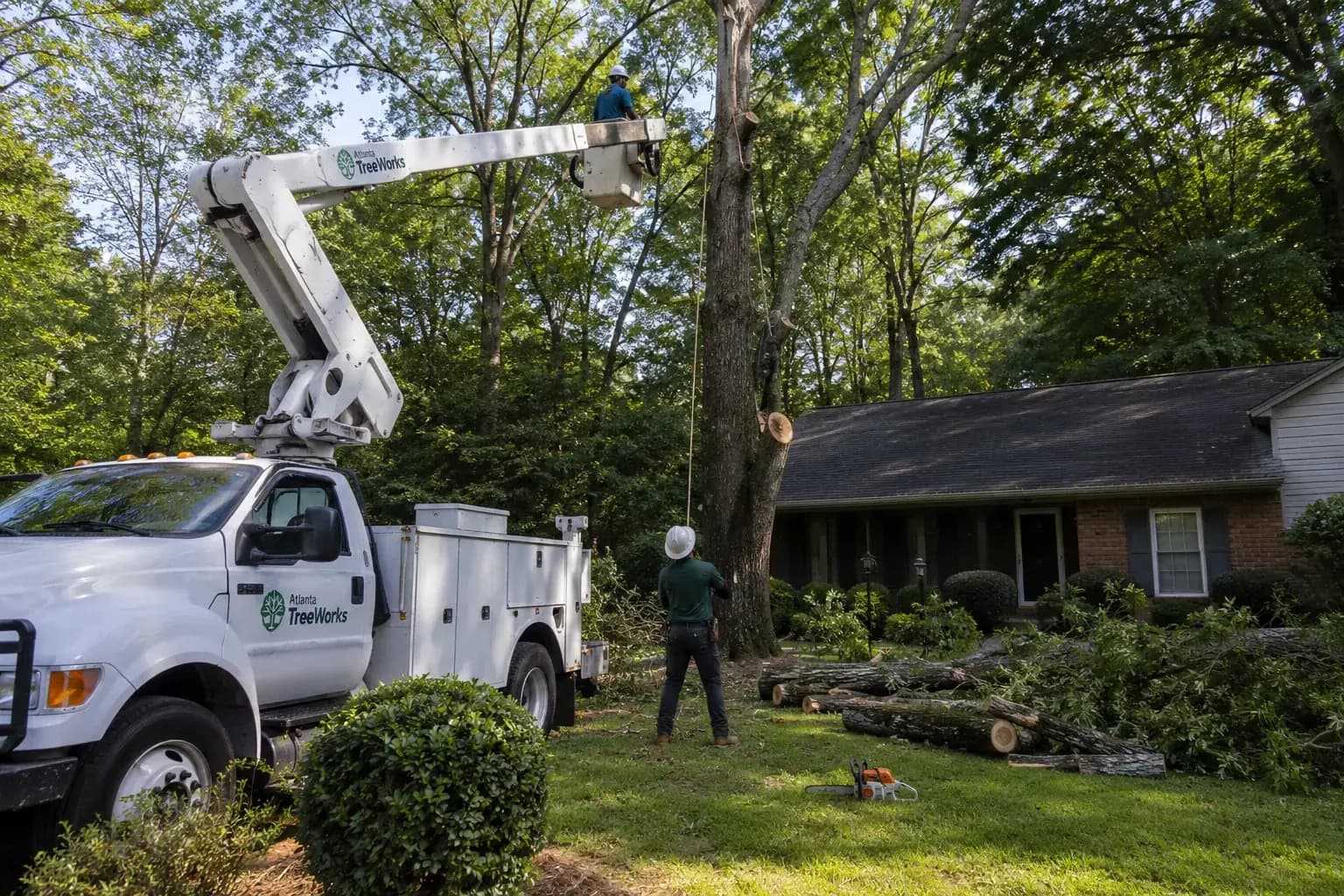Tree crew using ropes to lower a large limb beside a Charlotte home