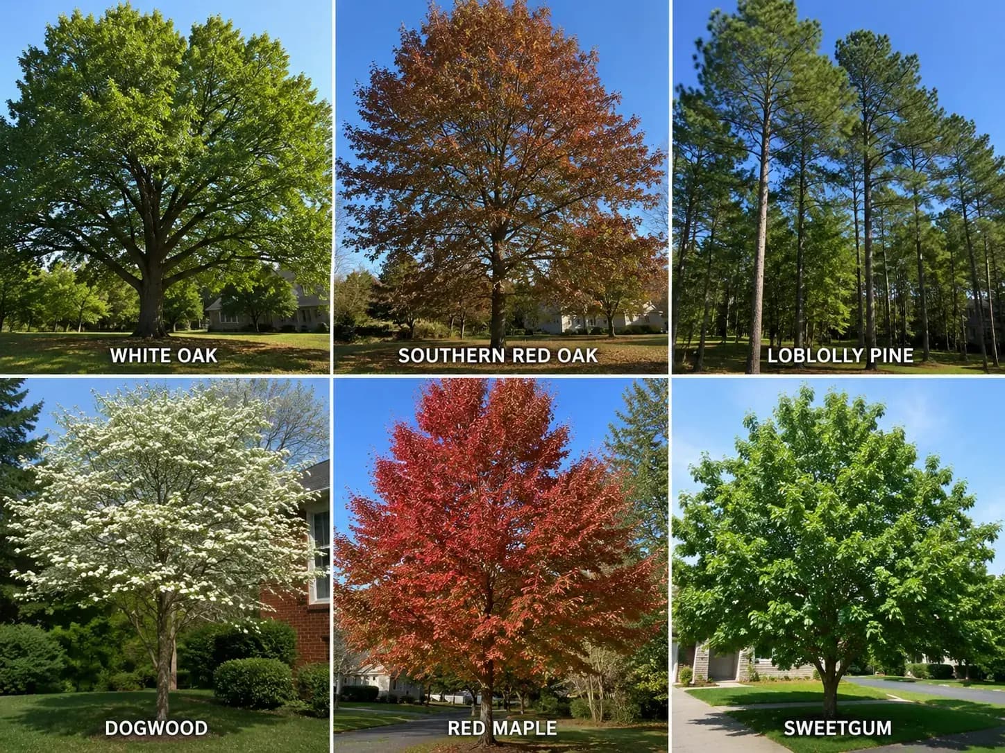 Leaf and bark details from oak, pine, maple, and sweetgum trees in Charlotte